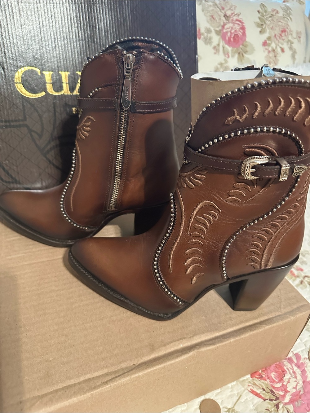 Cushion Walk Brown Embellished Western Ankle Booties